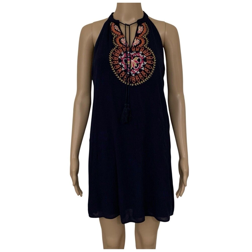 THML Blue Embroidered Halter Mini Dress Tassel Tie Neck Size M Sleeveless Boho